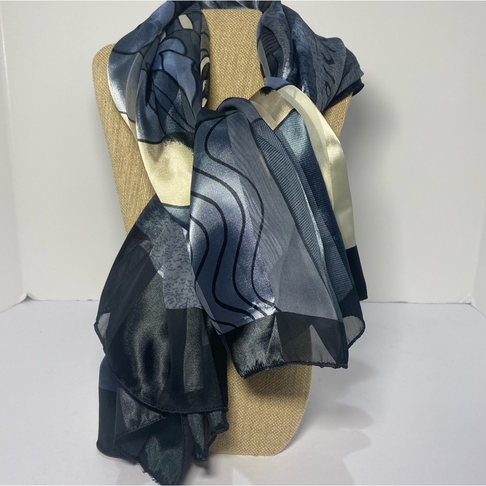 VTG Picasso Art Face Scarf Grey Beige Abstract Print Satin Chiffon Mixed Fabric